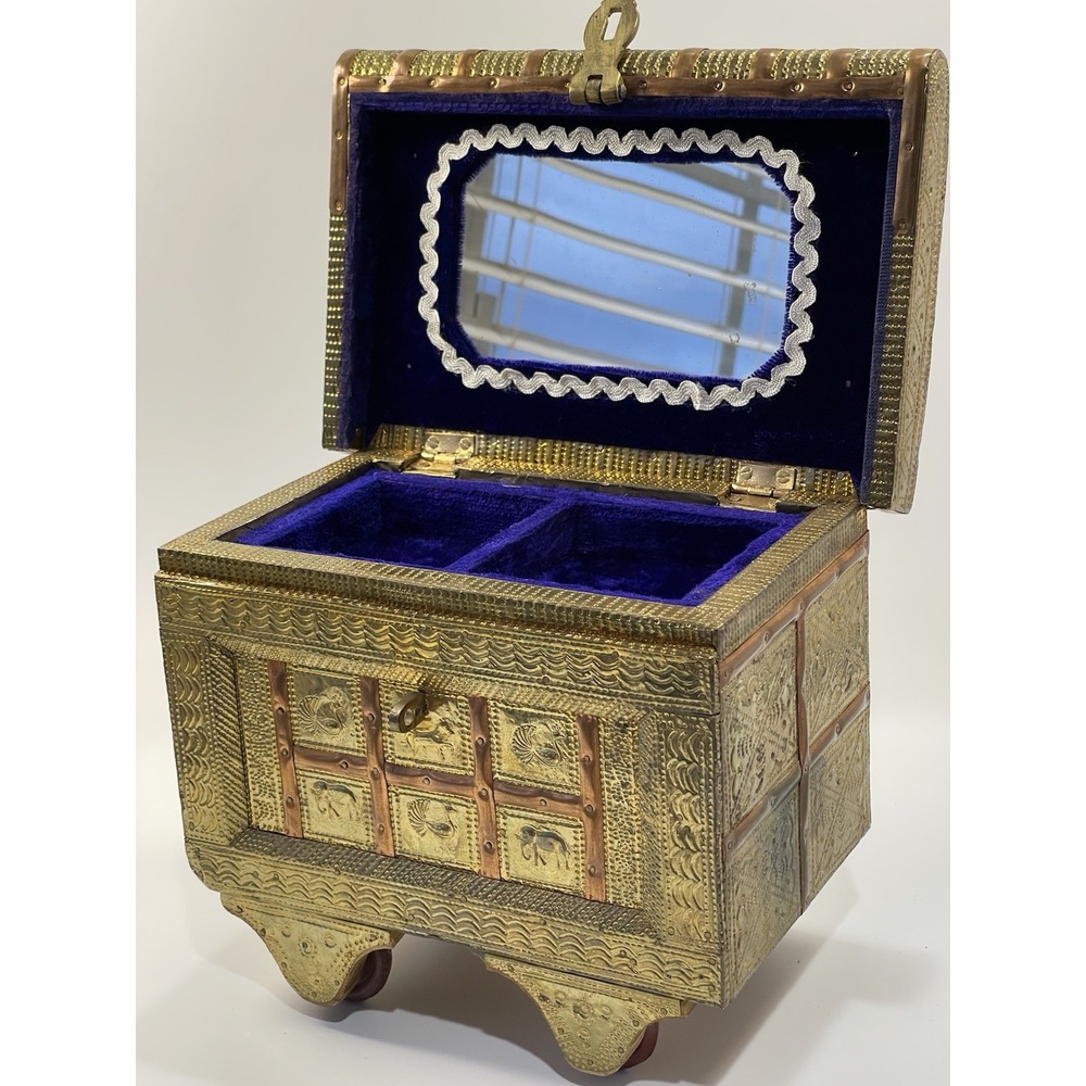 Vintage Handmade Embossed Brass &‎ Copper Decorative Jewelry Box On Wheels